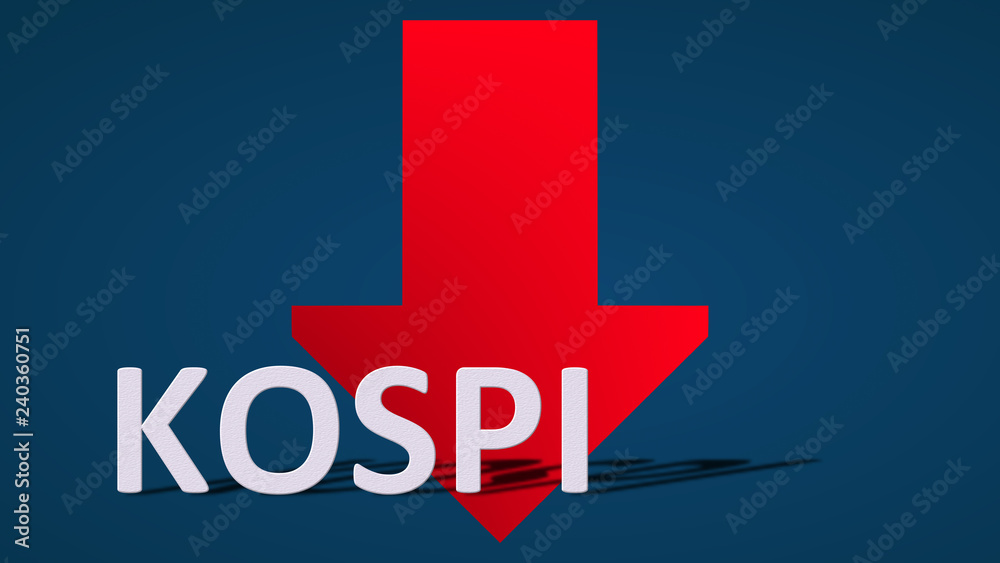 Fototapeta premium The Korea Composite Stock Price Index or KOSPI is falling. The red arrow behind the KOSPI label on a blue background shows downwards and symbolizes the fall or drop of the stock market index.