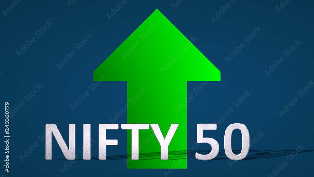 The stock market index NIFTY 50, National Stock Exchange of India, is going up. A green arrow behind the NIFTY 50 label on a blue background is showing upwards and symbolizes the price rise or grow. The stock market index NIFTY 50, National Stock Exchange of India, is going up. A green arrow behind the NIFTY 50 label on a blue background is showing upwards and symbolizes the price rise or grow.