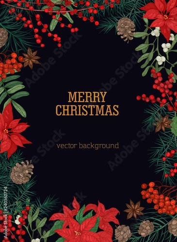Christmas postcard template with holiday wish inside frame made of branches a...