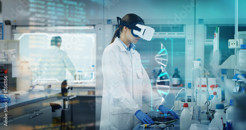 Portrait of futuristic researcher using the augmented reality vr glasses with hologram graphics for viewing results of research in laboratory. Shot in 8K. Concept of futuristic medicine and science