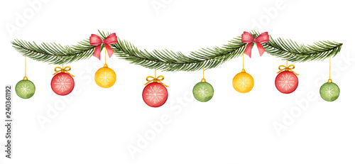 Watercolor vector Christmas garland with balls  red bow and fir branches.