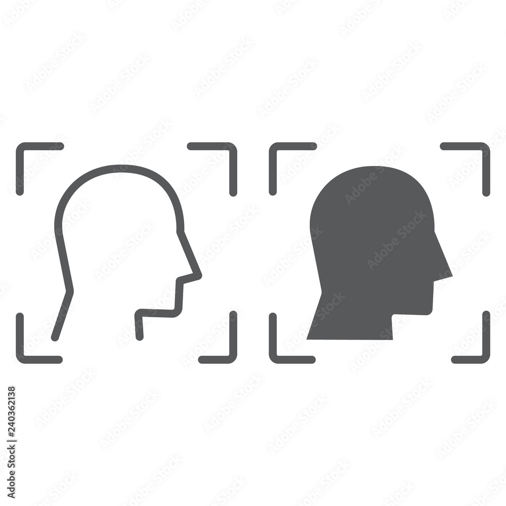 Face ID line and glyph icon, face recognition and face identification, face scanning sign, vector graphics, a linear pattern on a white background,