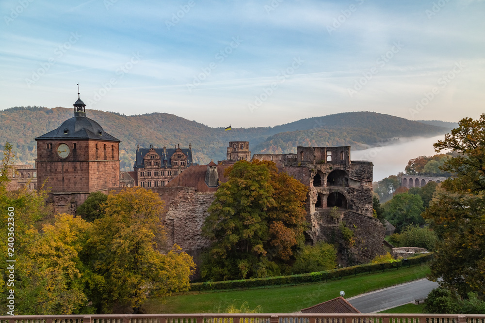 Heidelberg at sunrise with fog over the river Neckar
