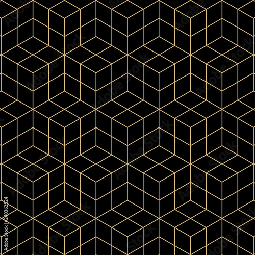 Abstract geometric pattern of cubes, A seamless vector background, Black and gold texture