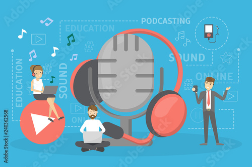 Podcast concept. Idea of podcasting studio and people