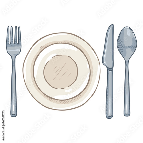 Vector Cartoon Color Dining Set - Steel Fork, Knife, Spoon and Porcelain Plates.