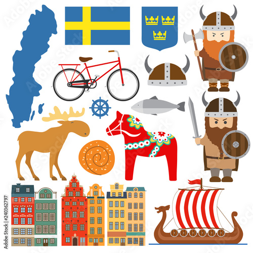 Set with design elements of symbols of Sweden and map