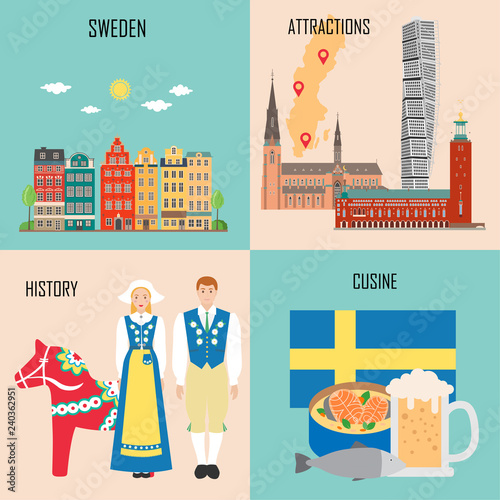 Sweden set with traditional cuisine, history and national attrac photo