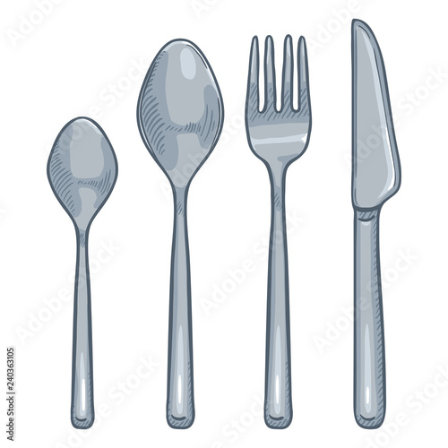 Vector Cartoon Color Set of Steel Cutlery. Knife, Fork, Spoon, Tea-spoon
