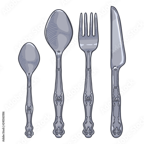 Vector Cartoon Color Set of Vintage Silver Cutlery. Knife, Fork, Spoon, Tea-spoon