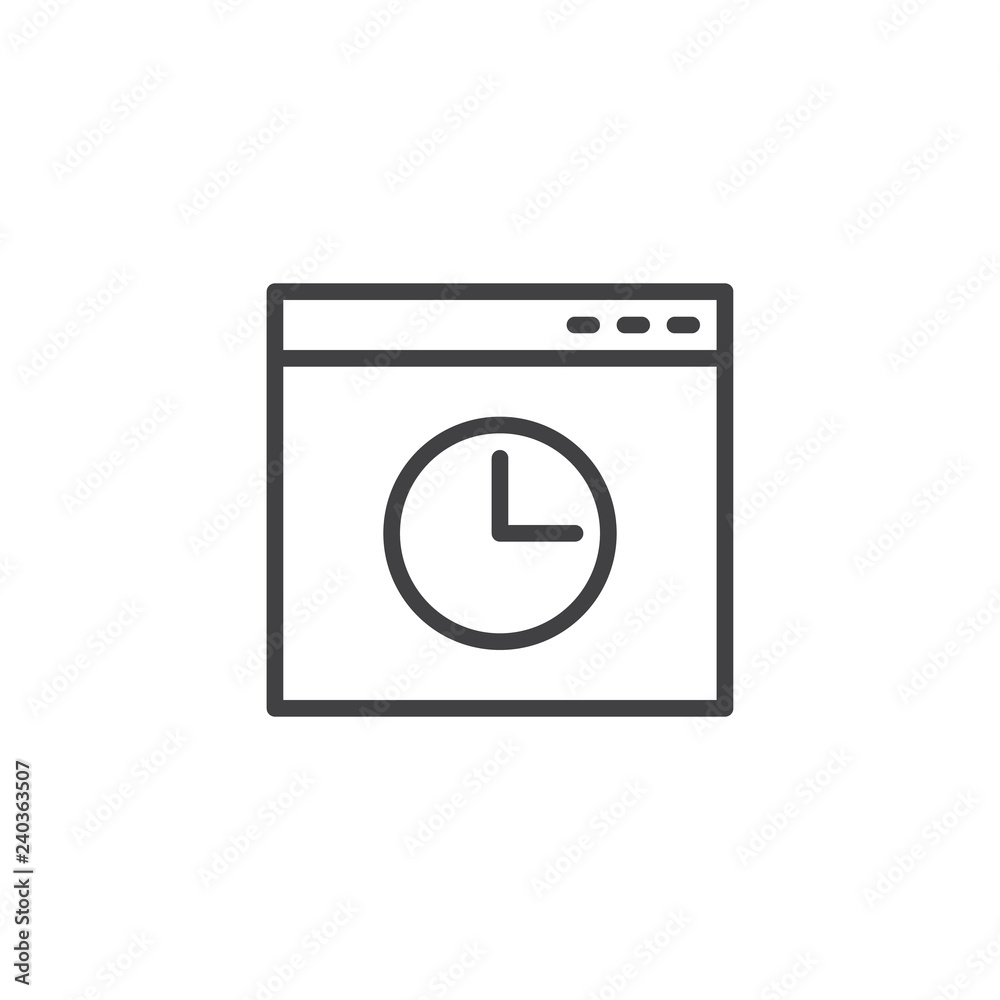 Browser history window outline icon. linear style sign for mobile concept and web design. Browser window with clock simple line vector icon. Symbol, logo illustration. Pixel perfect vector graphics Browser history window outline icon. linear style sign for mobile concept and web design. Browser window with clock simple line vector icon. Symbol, logo illustration. Pixel perfect vector graphics