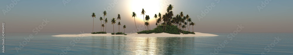 Beautiful tropical island at sunset, panorama of sea landscape with palm trees,
3d rendering
