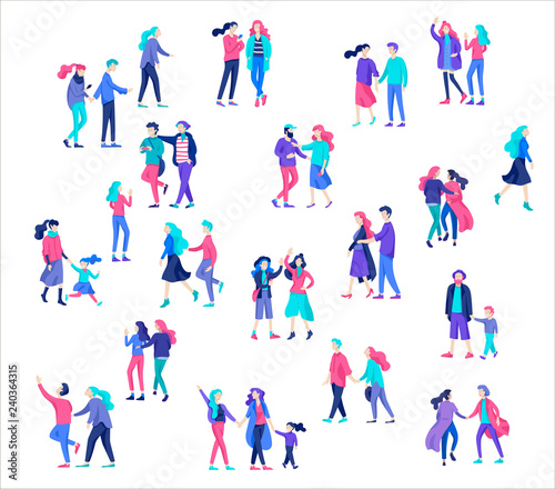 Vector people character walking on the street in autumn or winter clothes, friends and couples. Colorful Group of male and female flat cartoon characters