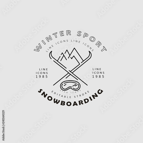 Vector icon and logo for snowboarding and skiing or other winter sports. Editable outline stroke size. Line flat contour, thin and linear design. Simple icons. Concept illustration. Sign, symbol