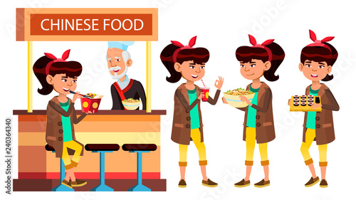 Asian Girl Set Vector. Classic Restaurant, Takeaway Food. Suchi, Rolls, Spaghetti. For Cover, Placard Design. Isolated Cartoon Illustration