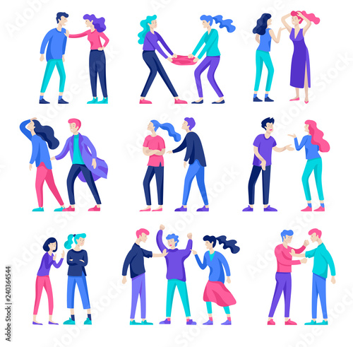 Vector people in bad emotions, character in conflict, angry or tired and in stress. Aggressive people yell at each other. Colorful flat concept illustration.