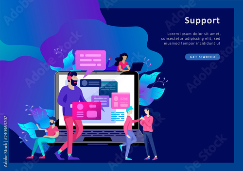 Concept Landing page template customer service, male hotline operator advises client, online global technical support, customer and operator