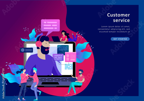 Concept Landing page template customer service, male hotline operator advises client, online global technical support, customer and operator