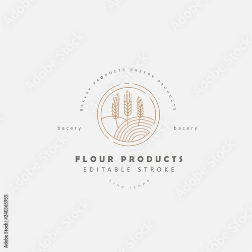 Vector icon and logo for natural flour product and bacery. Editable outline stroke size. Line flat contour, thin and linear design. Simple icons. Concept illustration. Sign, symbol, element.