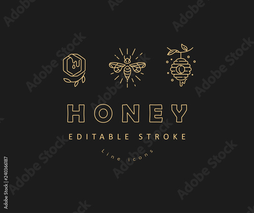 Vector icon and logo honey. Editable outline stroke size. Line flat contour, thin and linear design. Simple icons. Concept illustration. Sign, symbol, element.