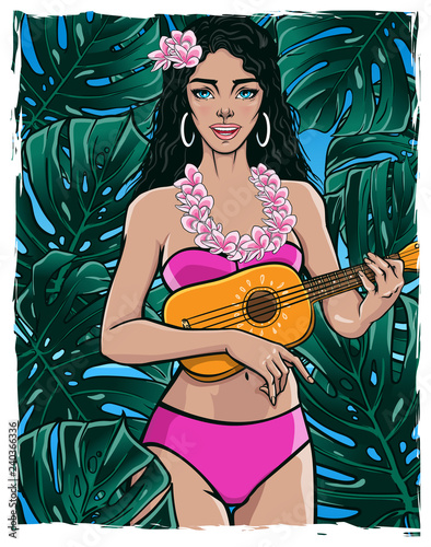 Singing pretty girl playing ukulele guitar. Smiling female in bikini and lei flower necklace enjoying summer vacation. Vector illustration of a beautiful lady with green exotic rain-forest background.