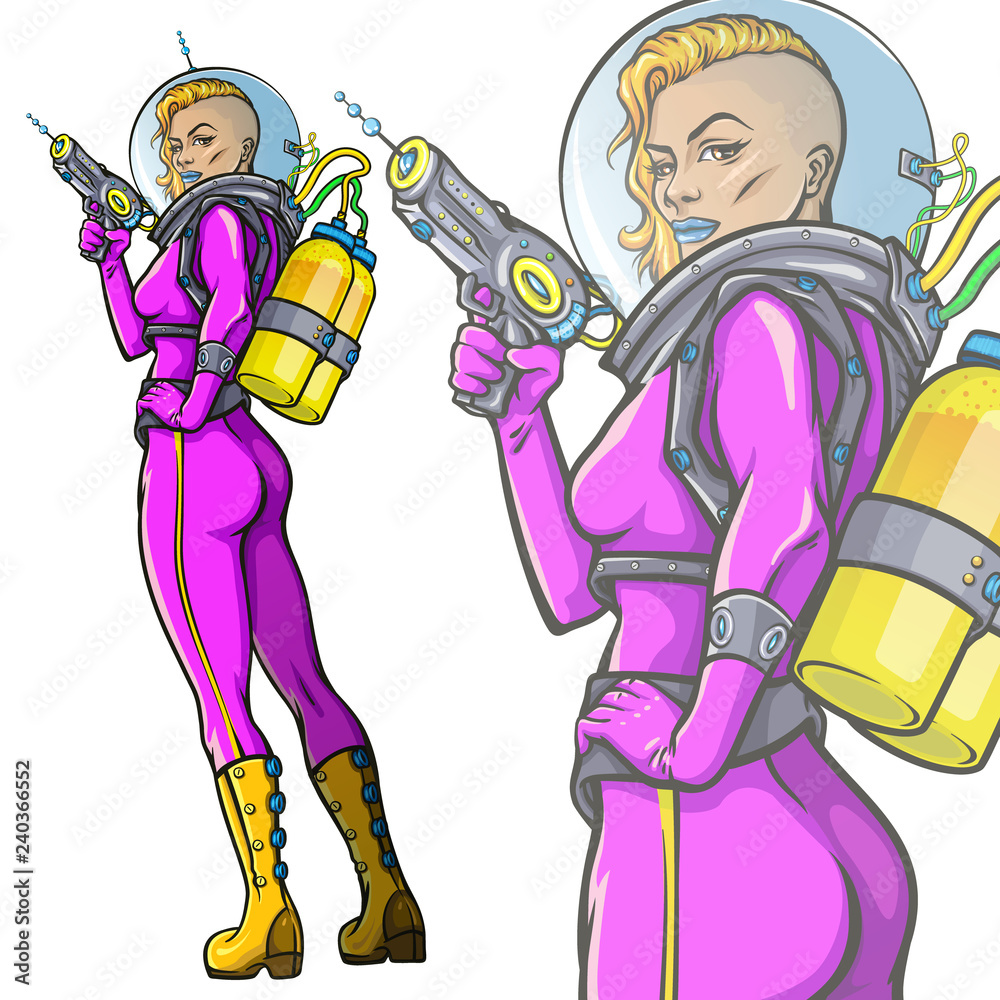 Space fashion catwalk promenade, futuristic fashion illustration, woman in  cyberpank futuristic robot style suit walking at podium against planet and  stars, retro color palette Stock Illustration