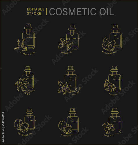 Vector icon and logo for natural cosmetics oil care dry skin. Editable outline stroke size. Line flat contour, thin and linear design. Simple icons. Concept illustration. Sign, symbol, element.