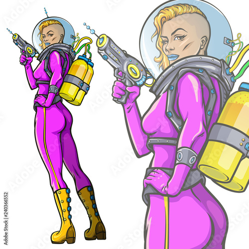 Retro futuristic female astronaut. Vector illustration of beautiful woman in pink space suit holding laser blaster weapon. Pop art cartoon style mascot.
