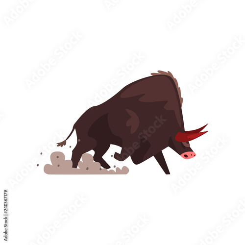 Furious black bull, bullfighting, corrida performance vector Illustration on a white background