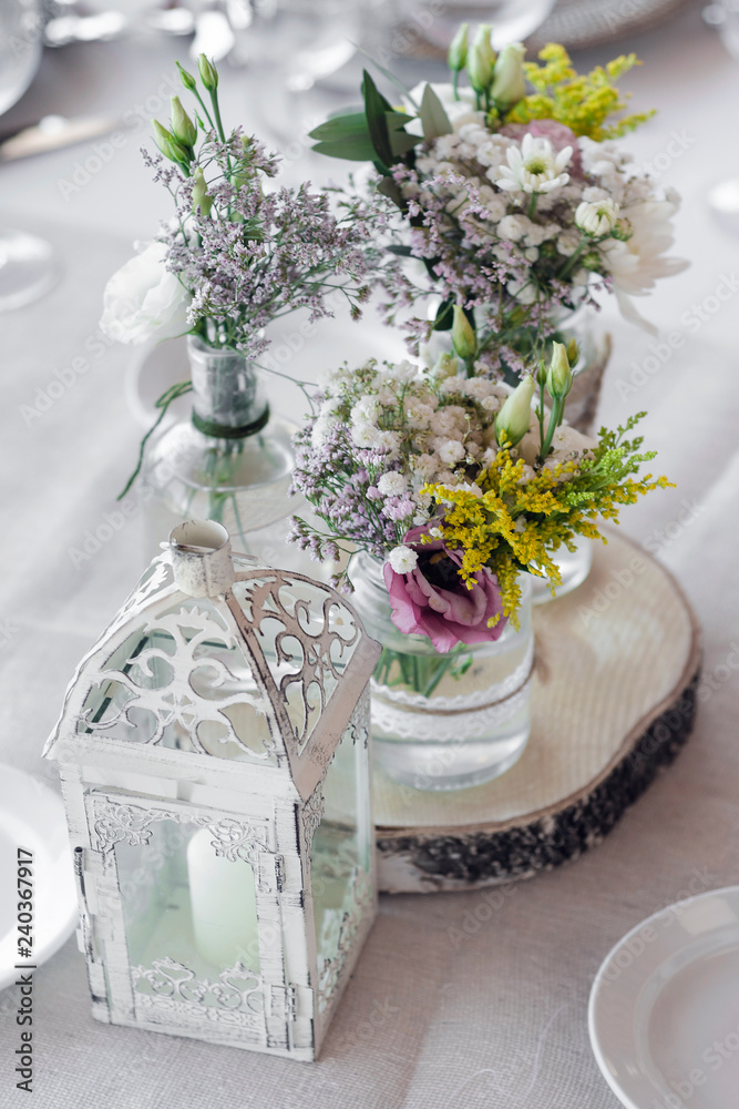 flowers arrangement and decoration rustic interior design in wedding table