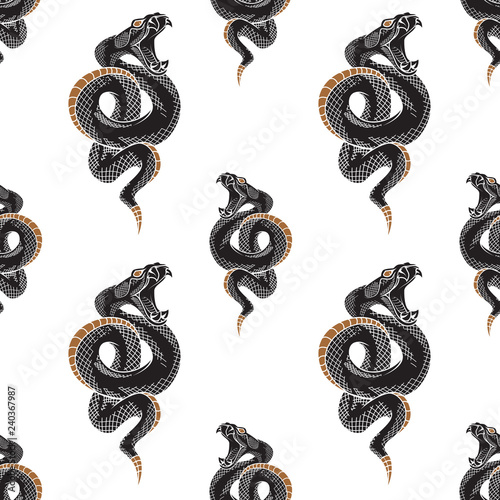 Viper snake seamless pattern. Vector illustrations in engraving ink technique. 