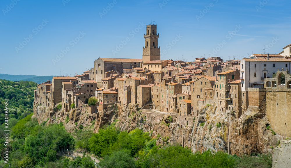 Scenic view of Pitigliano old town in the fortress on the mountain.