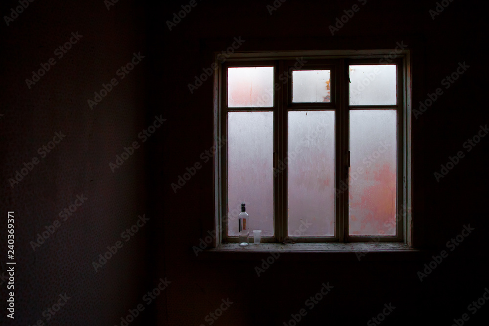 a lighted window in the black room of an abandoned house, a clear outline, glass covered with frost, a lighted window in the black room of an abandoned house, a clear outline, glass covered with frost,
