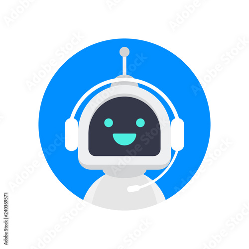 Cute smiling robot, chat bot say hi.Vector modern flat cartoon character illustration. Voice support service bot.