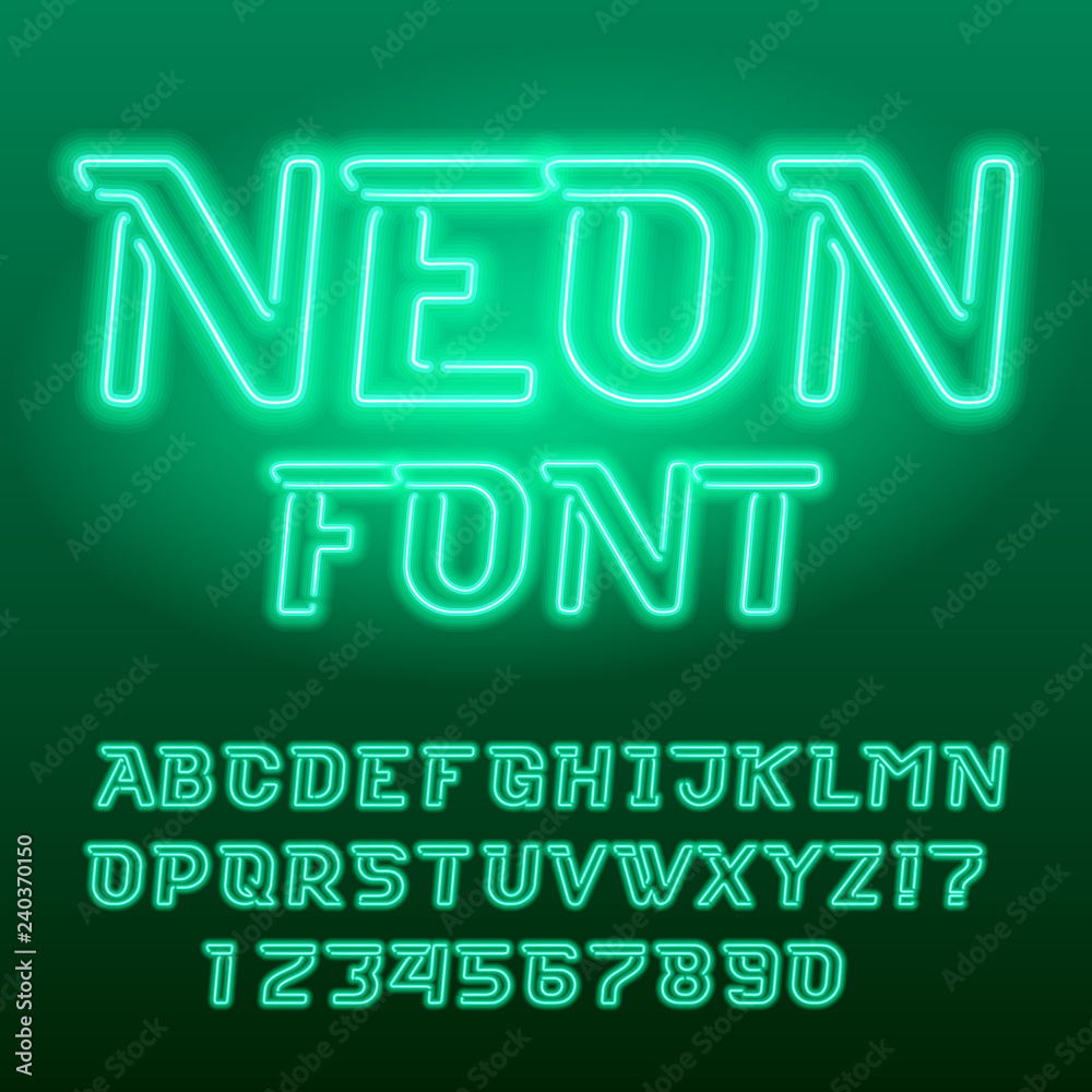 Green neon tube alphabet font. Neon color futuristic letters and numbers. Stock vector typescript for your design.