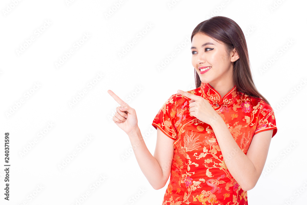 Chinese woman wear qipao for chinese new year day with attractive smile, isolated on white background
