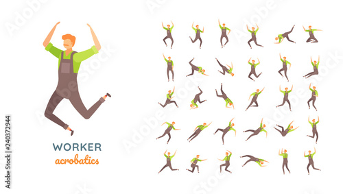 Vector young adult man in worker overalls ready-to-use character casual poses set in flat style.