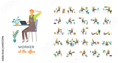 Vector young adult man in worker overalls ready-to-use character casual poses set in flat style.