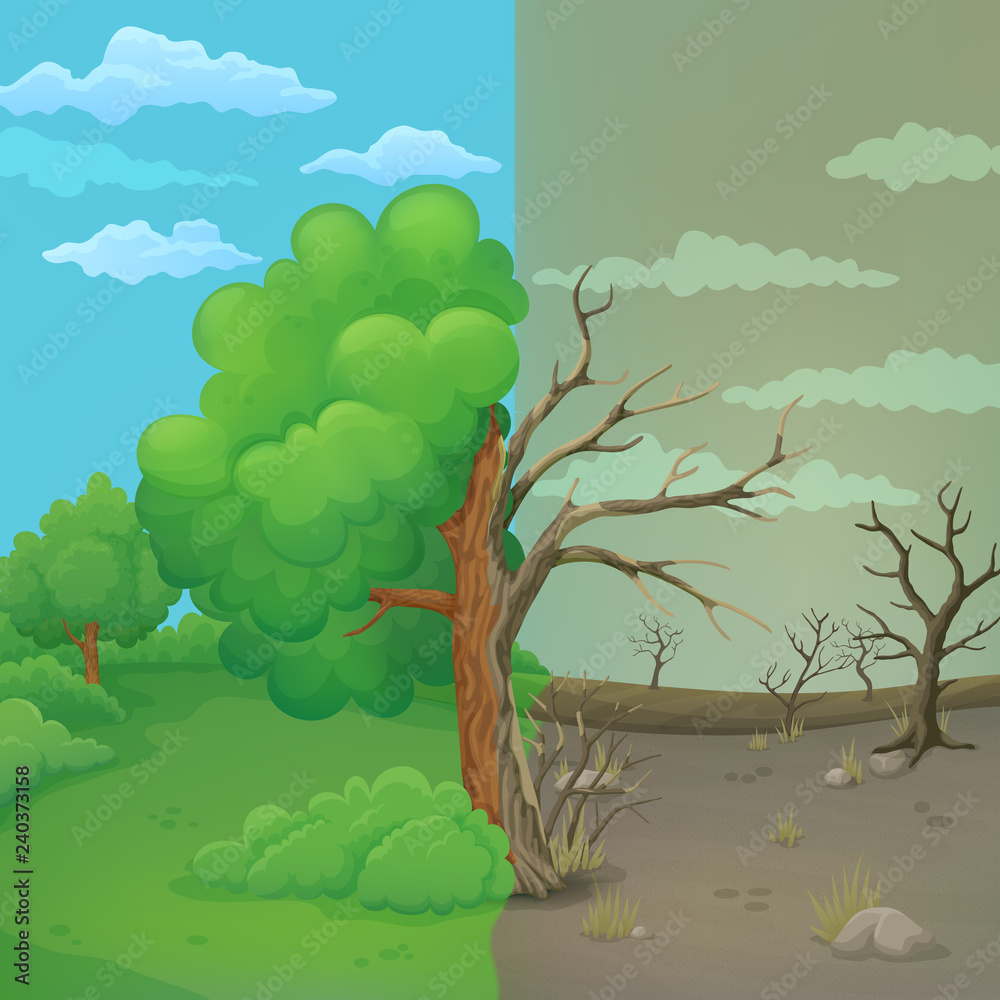 Divided cartoon tree. Healthy part with lush green leaves with green meadow, bushes and blue sky. Dry, dying leafless part on a dead soil with dry grass, rocks and crooked trees.