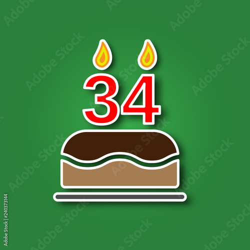 Birthday cake with a candle in the form of a number 34, in the form of a sticker with a shadow icon. Happy Birthday concept symbol design. Stock - Vector illustration can be used for web.