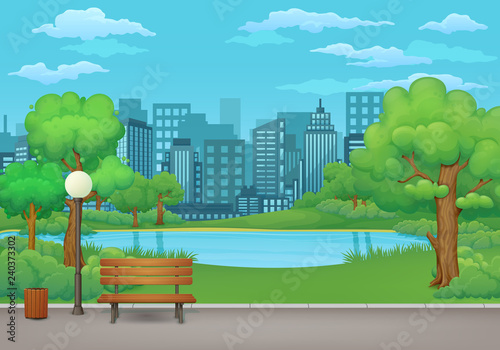 Summer day in the park. Wooden bench, trash can and street lamp on an asphalt park trail with lush green trees and bushes. Green meadow, lake or river, city and blue sky with clouds in the background.