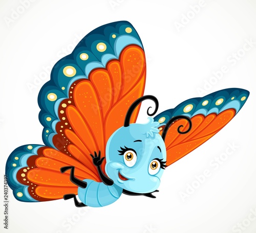 Cute Butterfly with red and blue wings fly on a white background
