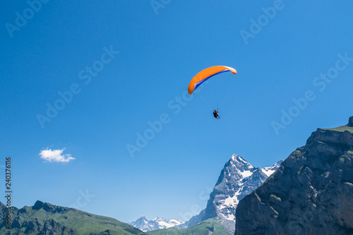 Landscape with paragliders in Alps, Switzerland. Murren, Lauterbrunnen, Swiss.