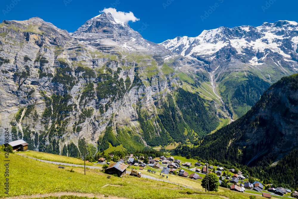 Alps in summer. Gimmelwald village, Lauterbrunnen, Switzerland, Alps mountain landscape. Europe Swiss. Alps in summer. Gimmelwald village, Lauterbrunnen, Switzerland, Alps mountain landscape. Europe Swiss.