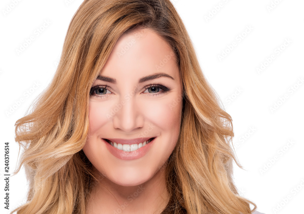 Blonde hair model woman. Female portrait on white background. Studio shot. Blonde hair model woman. Female portrait on white background. Studio shot.