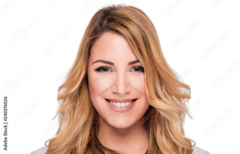 Blonde hair model woman. Female portrait on white background. Studio shot. Blonde hair model woman. Female portrait on white background. Studio shot.
