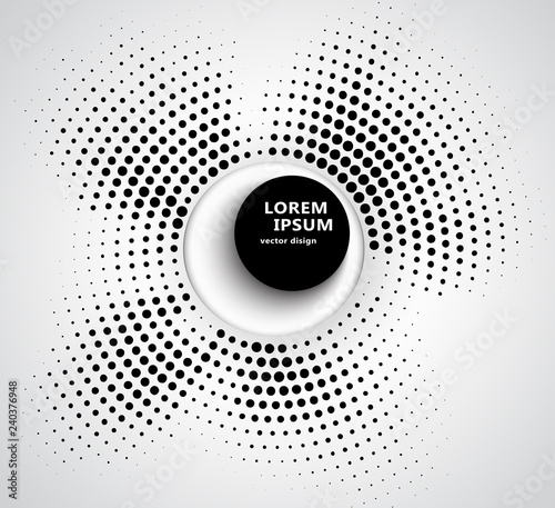 Abstract business background with circular halftone design of black dots around the circle with a large black round button and shadow.