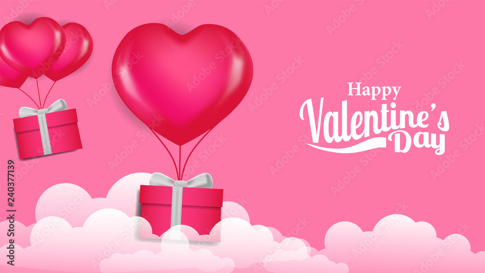 Happy valentine day banner greeting card template with 3D hearth shape. Vector illustration.