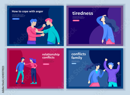 Set of Landing page templates for psyhology mental problems, depression panic attacks, paranoia anger control, relationship family conflict, stress and misunderstanding, group psychotherapy character