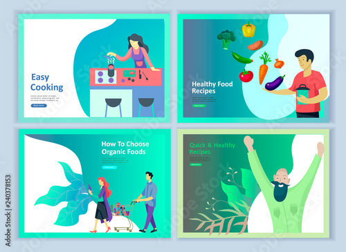 Set of Landing page templates with people which Cooking healthy organic food, simple recipes, how to choose products in the supermarket, food delivery and fast food. Сulinary blog or diet tips concept